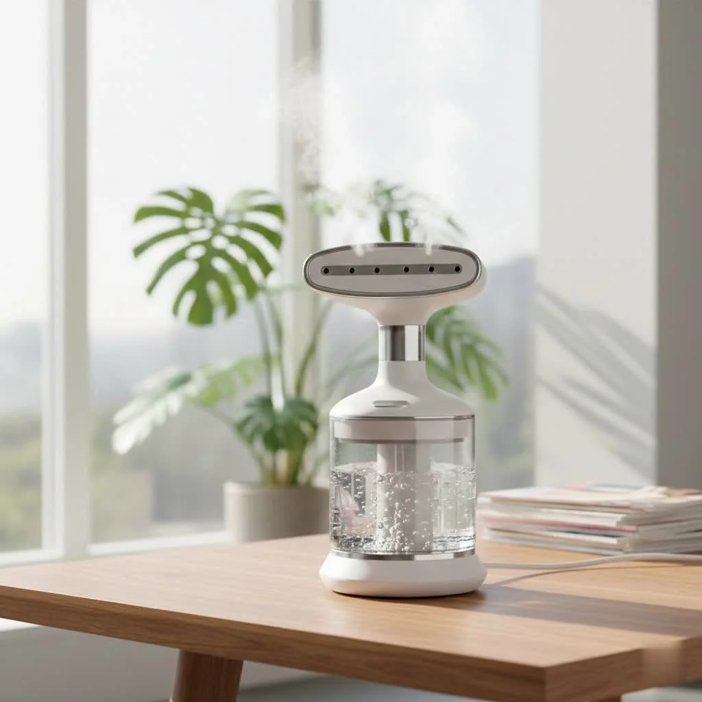 Garment steamer removing wrinkles from a shirt