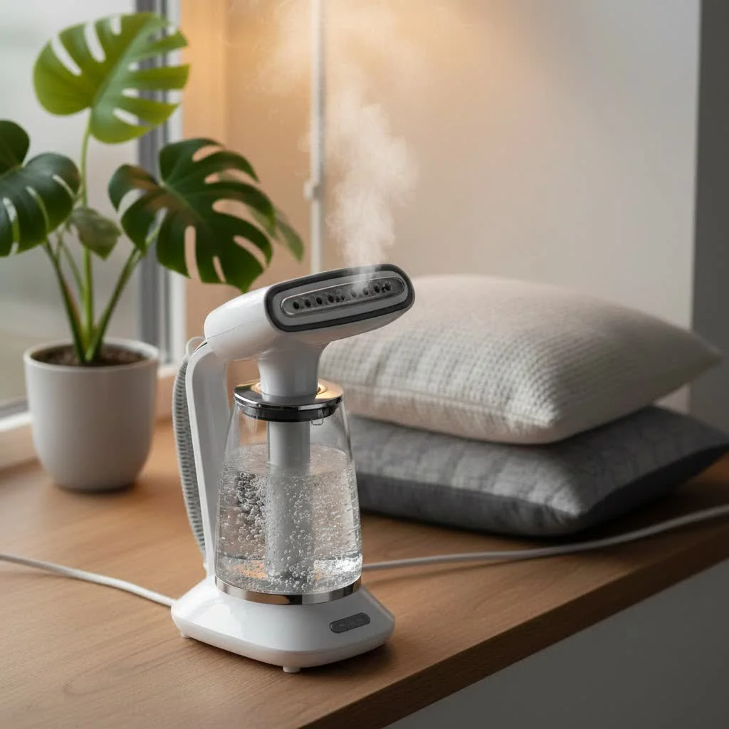 Woman steaming a shirt with a handheld garment steamer